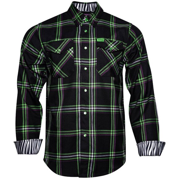 NWT Dixxon Frankie Frankenstein Black Green Purple Plaid Pearl Snap Flannel XLT